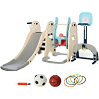 HOMCOM Tobogán y Columpio para Niños 5 en 1 con 2 Canastas Baloncesto y Portería Fútbol para Niños de +1 Año Parque…